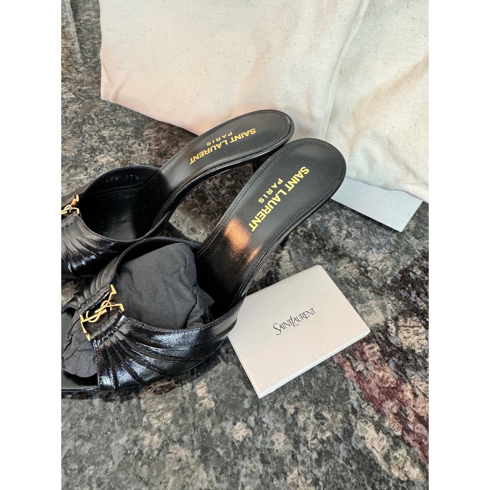 Saint Laurent Babylone 90 Nappa Sugar Leather YSL Logo Mules Black Nero 37.5 7.5 - Picture 5 of 13